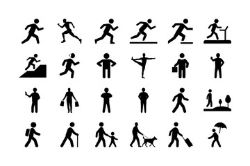 Naklejka premium Man Walking, Running, and Standing Icon Set. Fitness, Exercise, Active Lifestyle, Jogging, Physical Activity, Movement, Health, Walking Dog, Travel, and Sports Icons and more. Vector Illustration