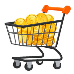 Shopping Cart Overflowing with Coins, wealth Purchase Icon PNG