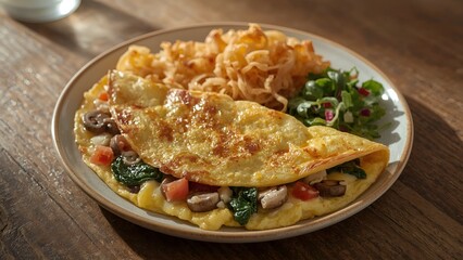 Gourmet Omelet Breakfast with Crispy Onions and Fresh Salad &ndash; Healthy Brunch Plate with Vegetables and Unique Sides