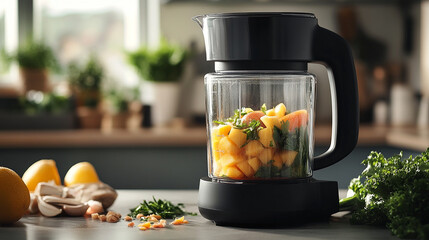 Healthy Smoothie Preparation: A modern blender is filled with fresh, vibrant ingredients. Ready to create a delicious and healthy smoothie, embodying the essence of wellness and nutrition.