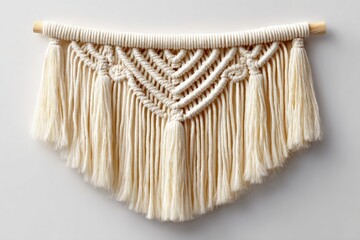 Cream-colored macrame wall hanging with fringe.
