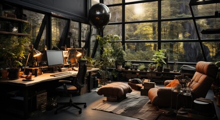 An inviting indoor workspace filled with lush greenery, large windows, and warm lighting, offering a serene environment that promotes creativity and relaxation.