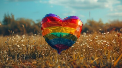 A vibrant heart-shaped balloon with rainbow stripes floating in a serene meadow, surrounded by soft grass and flowers, embodying joy and celebration of diversity.