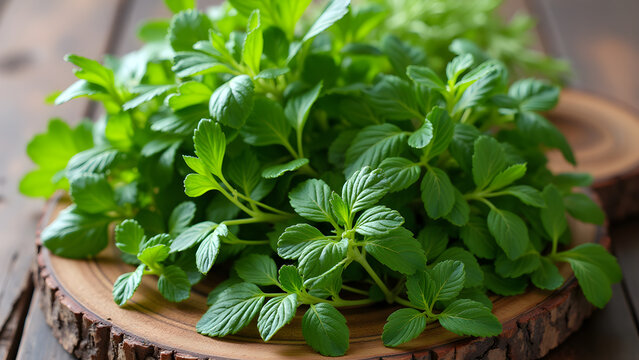Herbs on wooden board. Fresh herbs in vibrant colors gather on a rustic wooden board, showcasing their natural beauty.