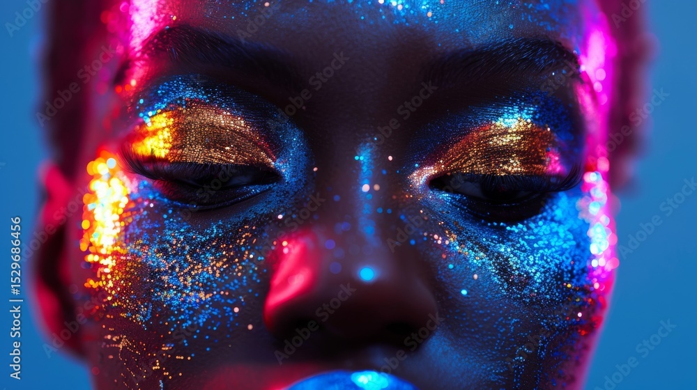 Poster a mesmerizing close-up of a face adorned with dazzling sparkling makeup, blending shimmering colors 
