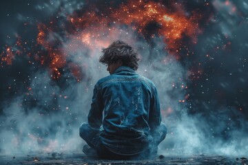 A young man sits quietly, facing away amid swirling cosmic colors and smoke, representing introspection, wonder, and the exploration of one's inner universe.