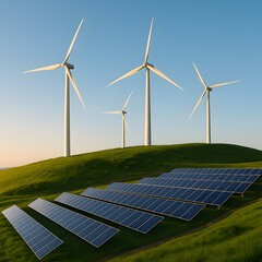 Wind turbines on a green hill under a clear blue sky, with solar panels installed nearby on terraced fields. Golden hour light creating long shadows. 