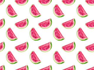 Seamless pattern. Watercolor illustration set, watermelon, leaves. Hand drawn watermelon pieces and slices, wooden skewer for design, postcards, menu.	
