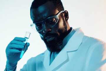 A focused scientist examines a test tube containing a blue liquid, engrossed in his research.