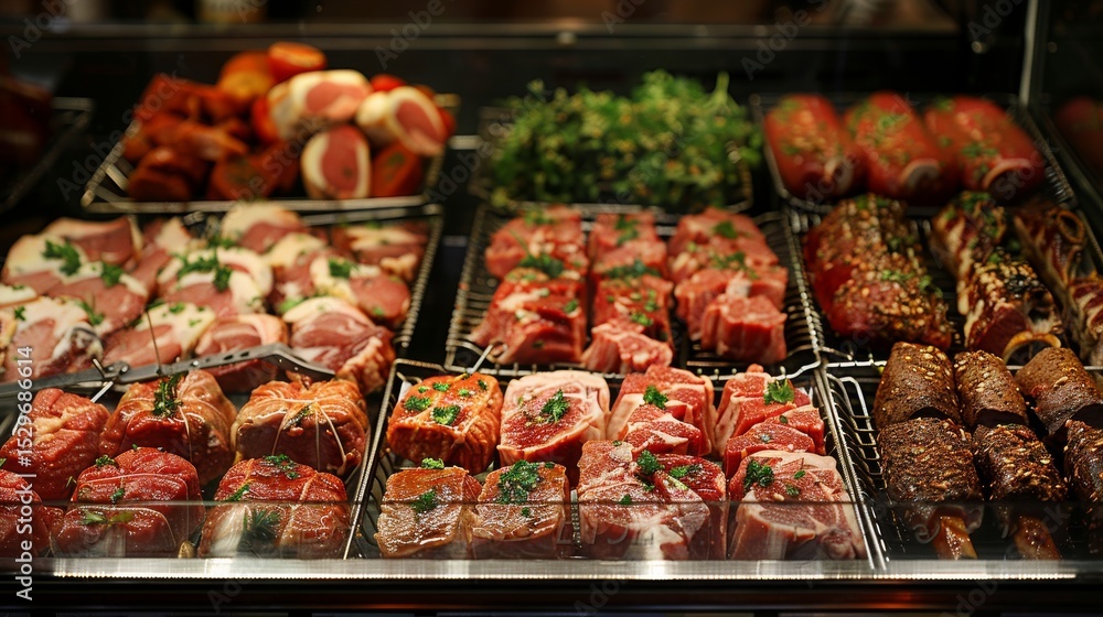 Aufkleber an enticing display of fresh meat cuts neatly arranged in a butcher's case, showcasing quality and v