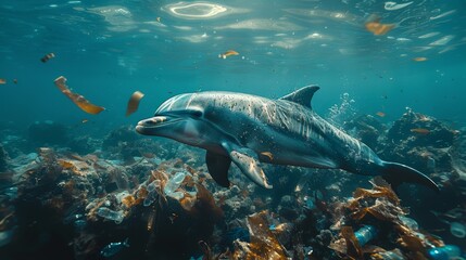 A playful dolphin gracefully swimming through clear waters, surrounded by underwater vegetation. The image promotes the beauty of marine life and ocean conservation.