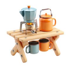 Camping Coffee Kettle with Stove, Mugs, and Outdoors.