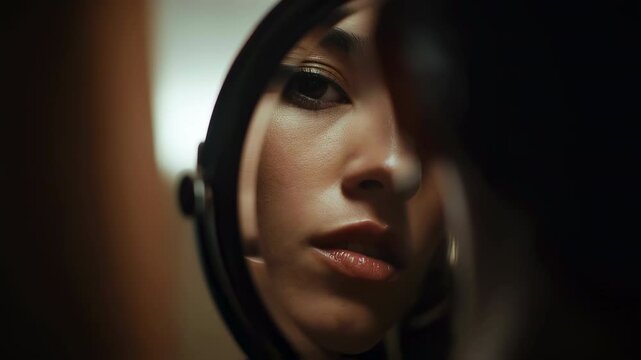 Cinematic close up of a young woman's face reflected in a round mirror, applying makeup in a dimly lit room, creating a dramatic and intimate atmosphere