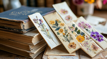 Vintage Literary Bloom: An aged antique book sits alongside an array of pressed flower bookmarks, each delicately preserving nature's beauty within the pages of the past.