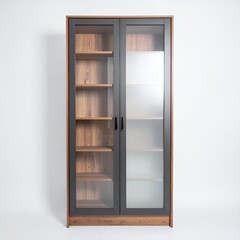 Elegant glass door cabinet showcasing wooden shelves for stylish storage on white background