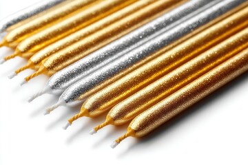 Gold and silver glitter birthday candles arranged on a white surface.