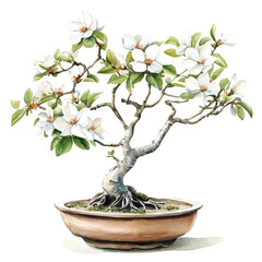 A Stewartia Bonsai, watercolor painting vector, high quality, isolated on a white background.