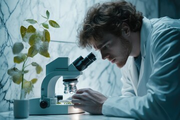 A scientist meticulously examines a plant sample under a microscope, conducting detailed research in a laboratory setting.
