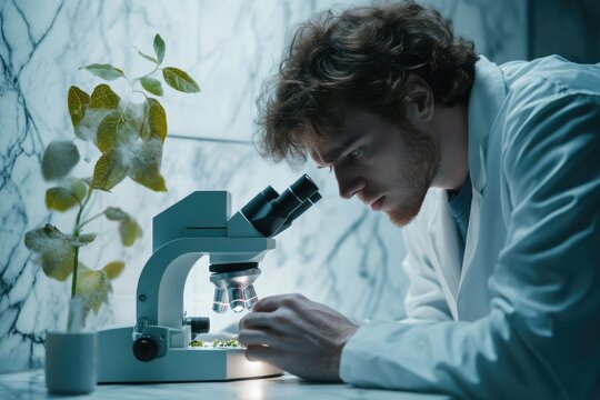 A scientist meticulously examines a plant sample under a microscope, conducting detailed research in a laboratory setting. - Powered by Adobe