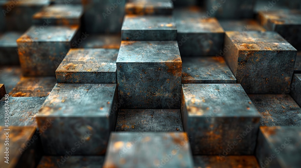 Poster a close-up view of weathered, rusty cubes arranged in a structured pattern, showcasing the beauty in