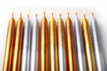 Glittery gold and silver birthday candles.