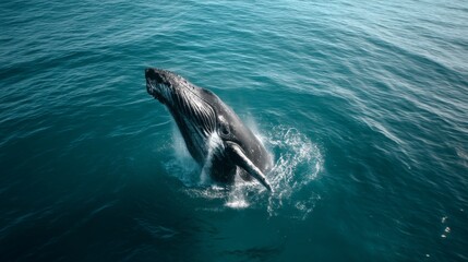 Fototapeta premium Gigantic humpback whale breaching the surface of the blue waters near a beach