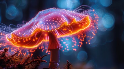 Obraz premium A mesmerizing close-up of a glowing mushroom with vibrant colors in a dreamy forest setting, capturing the enchanting beauty of nature and the wonder of fungi in a magical realm.