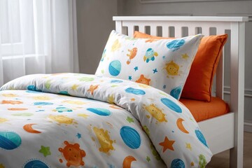 Children's bedding set with celestial and space themed design.