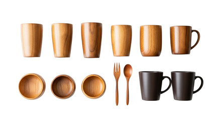 Wooden dishware set against black background