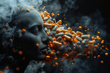 A striking abstract composition of pills and smoke articulating the intersection of health and addiction, evoking contemplation on modern health culture and human experiences.