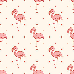 cute pink flamingo on a polka dot background. for Prints, Wrapping Paper, Wallpaper, Textiles, Stationery, and Fabric.