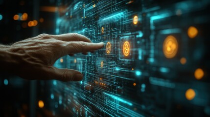 Close-up of aged hand interacting with a futuristic interface