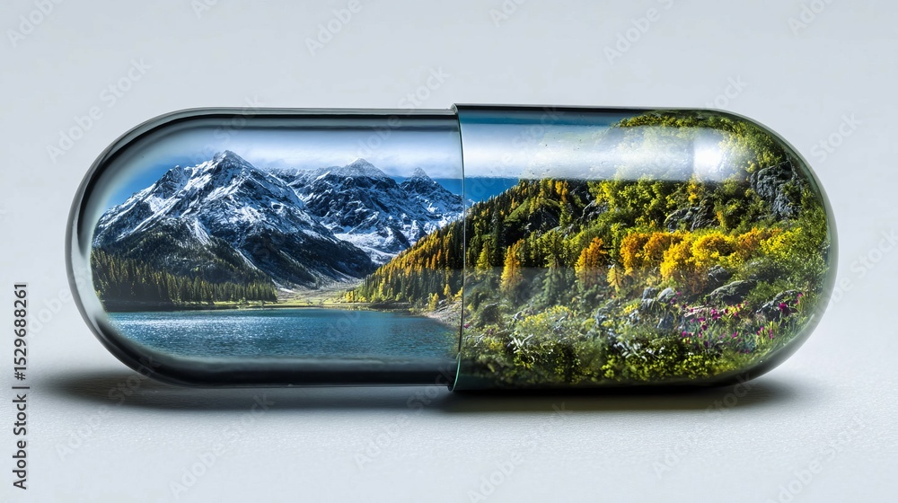 Poster a pill is shown with a mountain range in the background. the pill is split in half, with the mountai