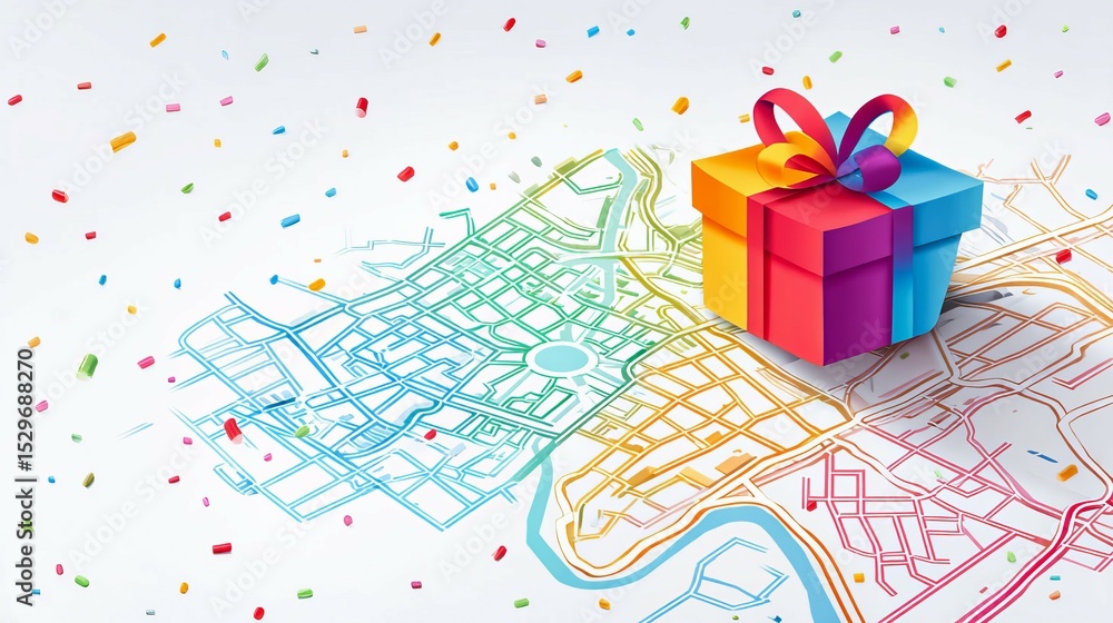 Poster a colorful city map with a red box on it. the box is a gift and is placed in the middle of the map