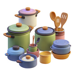 Colorful Kitchen Cookware Set with 3D Render.