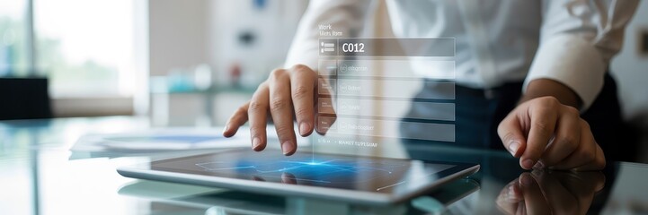 A person interacts with a digital tablet displaying a transparent data interface.