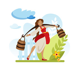 Go get water on the river in the village. A Slavic girl in a red sundress tucked into her belt walks with a yoke and wooden buckets. An image for proverbs. Retro image in a flat cartoon style