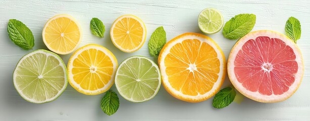 Obraz premium sliced citrus fruits laid in geometric pattern, top-down view with white background