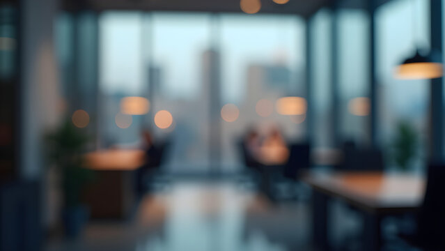 Creative blurred office interior with city view and warm bokeh lights