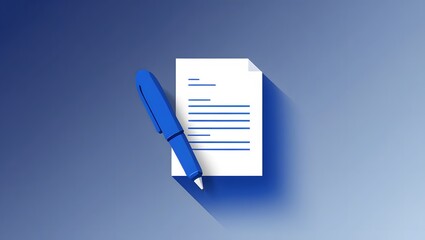 Signing a contract. 3D illustration of a pen and document. Minimalist concept for business agreements, legal paperwork, and official forms.