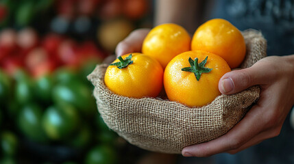 Hands holding yellow tomatoes in burlap bag at market with produce backdrop