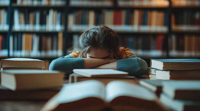 Exhausted student resting head on books in library