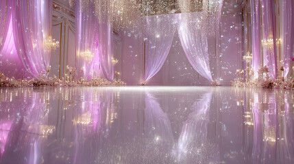 Elegant event space with pink drapes and shimmering lights