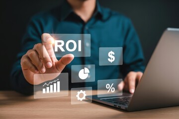 Person interacting with a virtual interface displaying return on investment metrics.