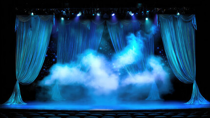 Dramatic Stage Curtains with Fog and Blue Lighting Effects