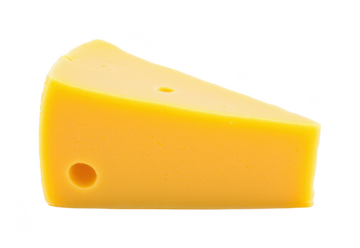 single colby cheese slice on a white background, in a glossy style, with shiny surfaces, soft reflection, bright studio light, high resolution