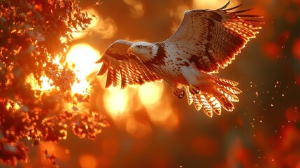 Fierce eagle soars through fiery sunset