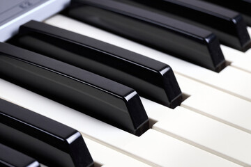 Midi keyboard keys close up shot. Piano keys buttons detail for musical design background.