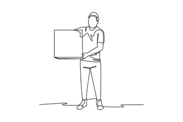 male helper carrying a large box. Safe delivery of goods concept. 3d vector people character illustration. Cartoon minimal style.