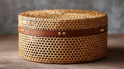 Round woven basket with leather trim.